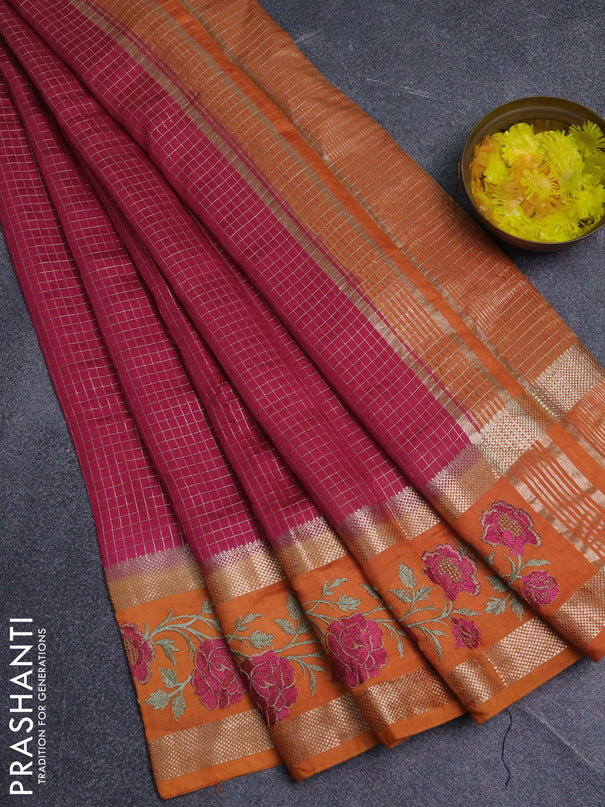 Semi chanderi saree pink and orange with allover zari woven checked pattern and embroidery zari border