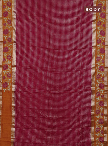 Semi chanderi saree pink and orange with allover zari woven checked pattern and embroidery zari border