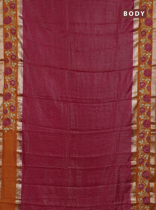 Semi chanderi saree pink and orange with allover zari woven checked pattern and embroidery zari border