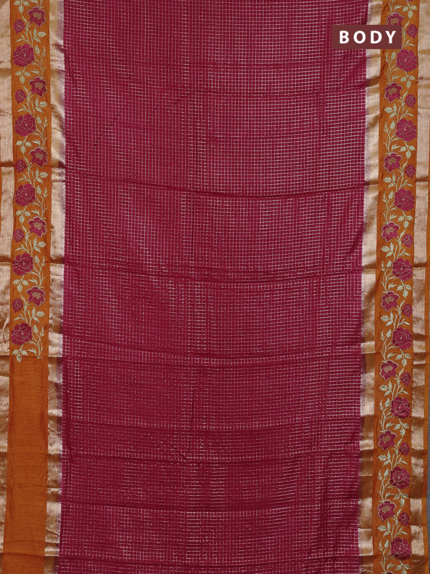 Semi chanderi saree pink and orange with allover zari woven checked pattern and embroidery zari border