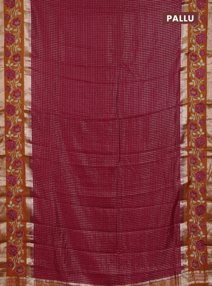 Semi chanderi saree pink and orange with allover zari woven checked pattern and embroidery zari border