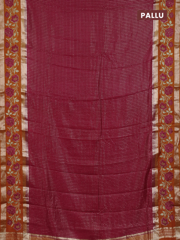 Semi chanderi saree pink and orange with allover zari woven checked pattern and embroidery zari border