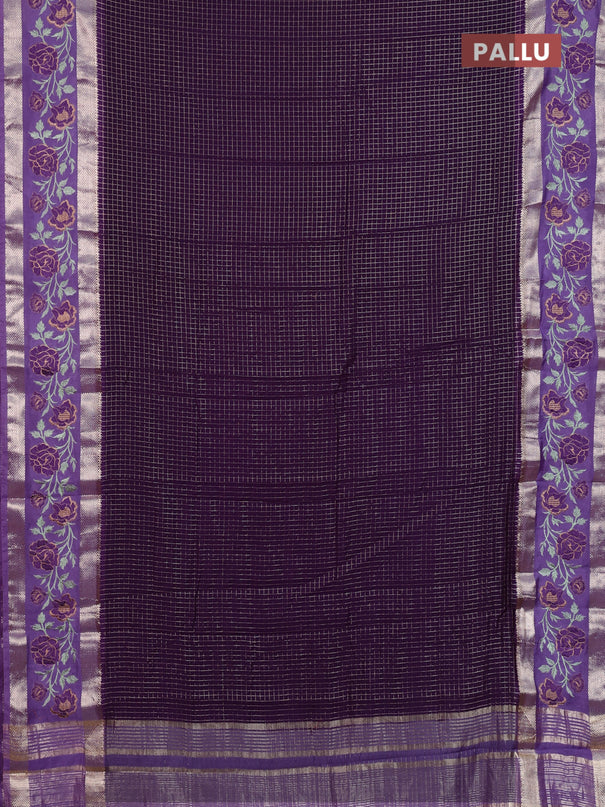 Semi chanderi saree violet and lavender with allover zari woven checked pattern and embroidery zari border