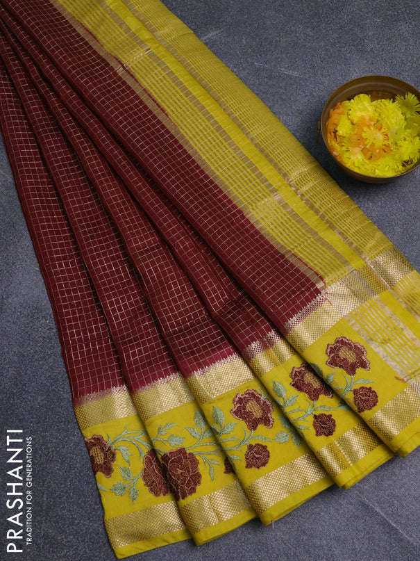 Semi chanderi saree deep maroon and yellow with allover zari woven checked pattern and embroidery zari border
