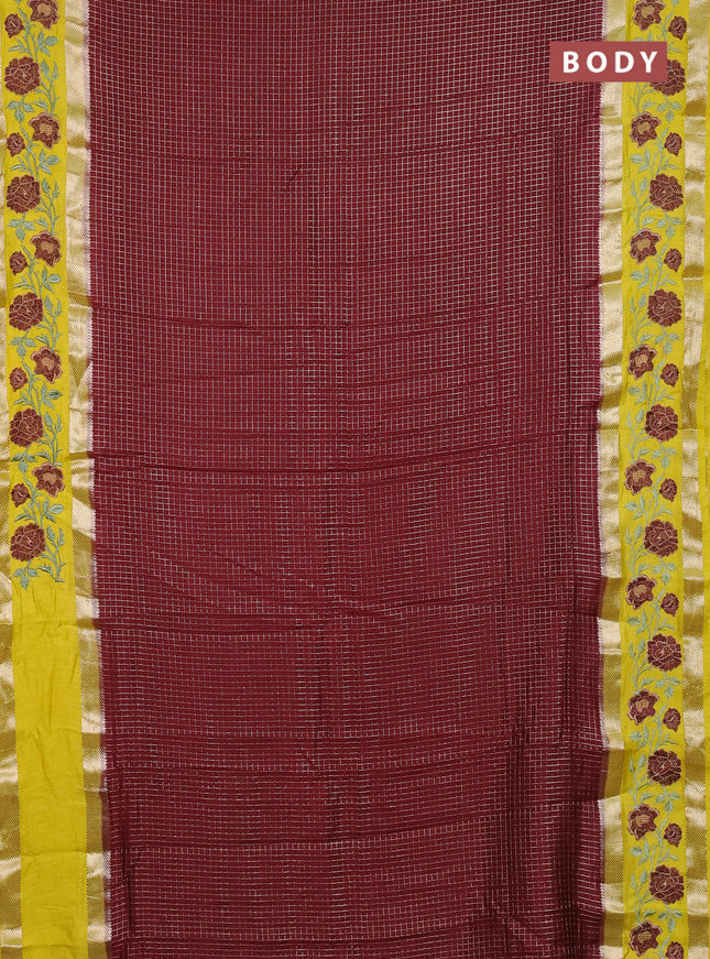 Semi chanderi saree deep maroon and yellow with allover zari woven checked pattern and embroidery zari border