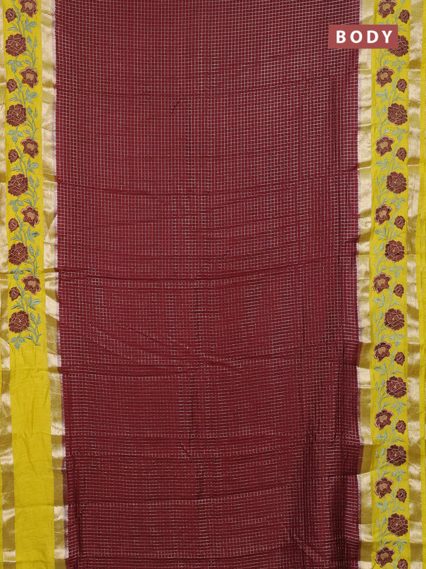Semi chanderi saree deep maroon and yellow with allover zari woven checked pattern and embroidery zari border