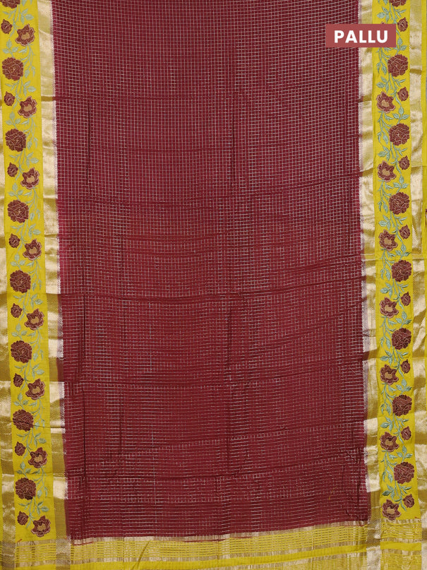 Semi chanderi saree deep maroon and yellow with allover zari woven checked pattern and embroidery zari border