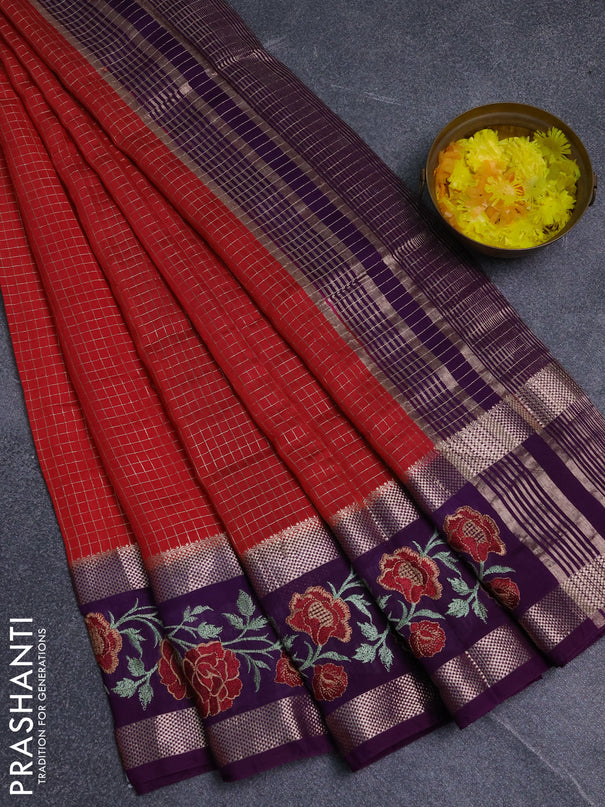Semi chanderi saree red and purple with allover zari woven checked pattern and embroidery zari border