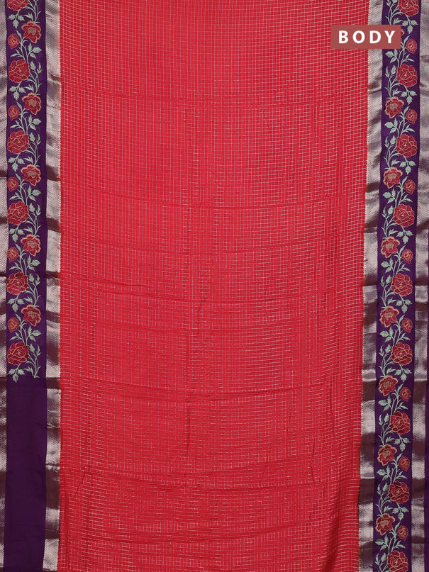 Semi chanderi saree red and purple with allover zari woven checked pattern and embroidery zari border