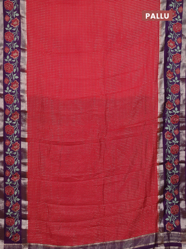 Semi chanderi saree red and purple with allover zari woven checked pattern and embroidery zari border