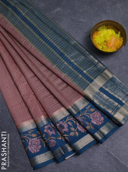 Semi chanderi saree pastel peach and peacock green with allover zari woven checked pattern and embroidery zari border