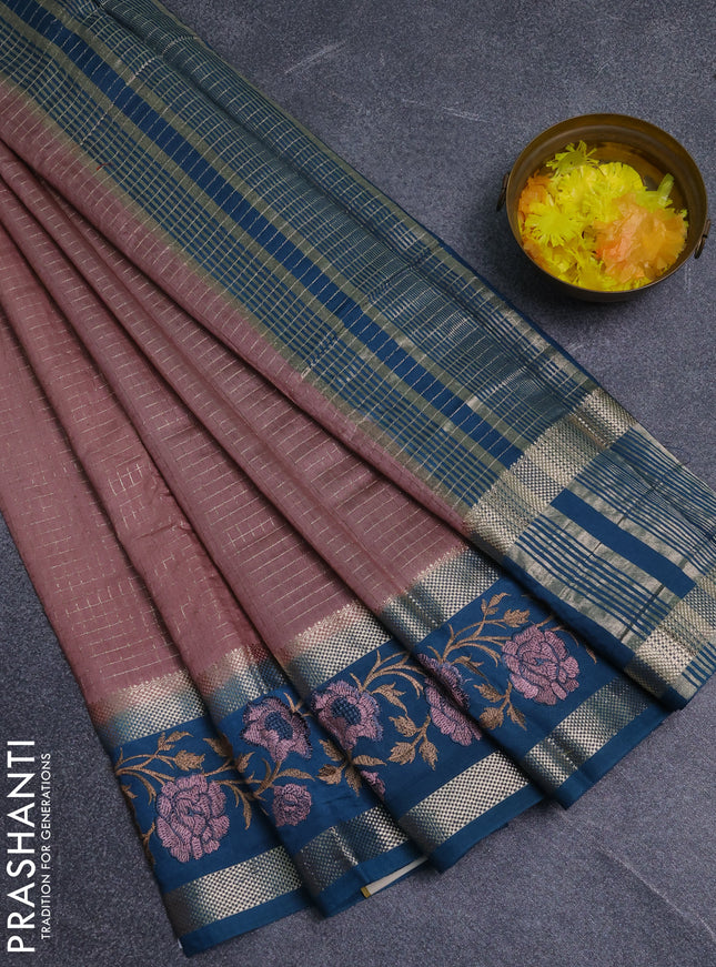 Semi chanderi saree pastel peach and peacock green with allover zari woven checked pattern and embroidery zari border