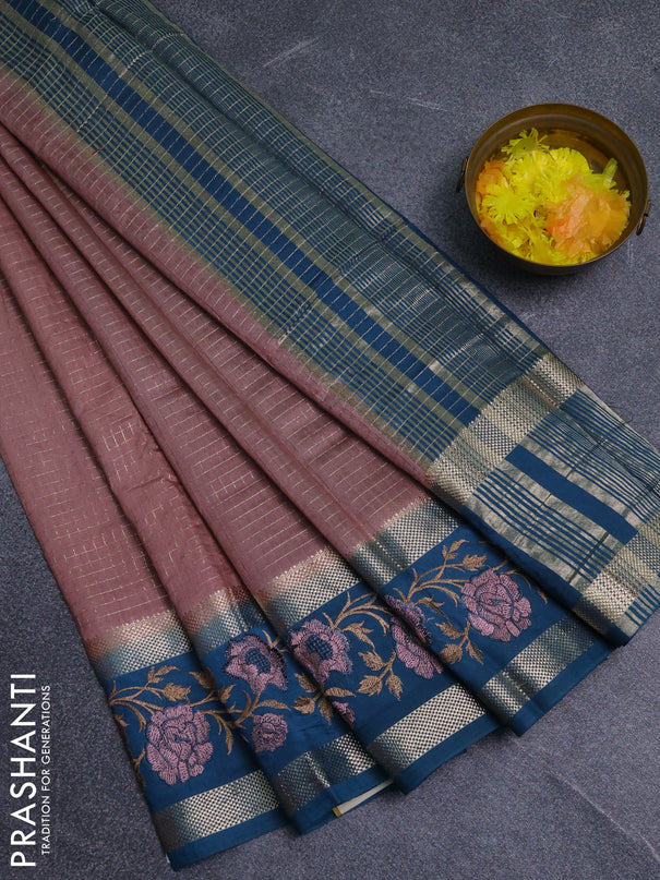 Semi chanderi saree pastel peach and peacock green with allover zari woven checked pattern and embroidery zari border