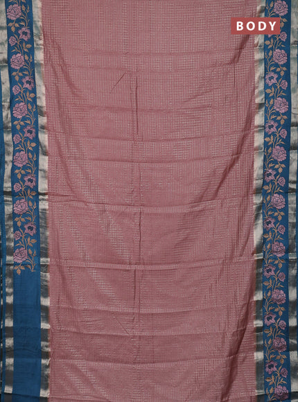 Semi chanderi saree pastel peach and peacock green with allover zari woven checked pattern and embroidery zari border