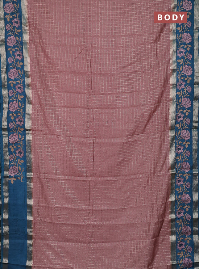 Semi chanderi saree pastel peach and peacock green with allover zari woven checked pattern and embroidery zari border