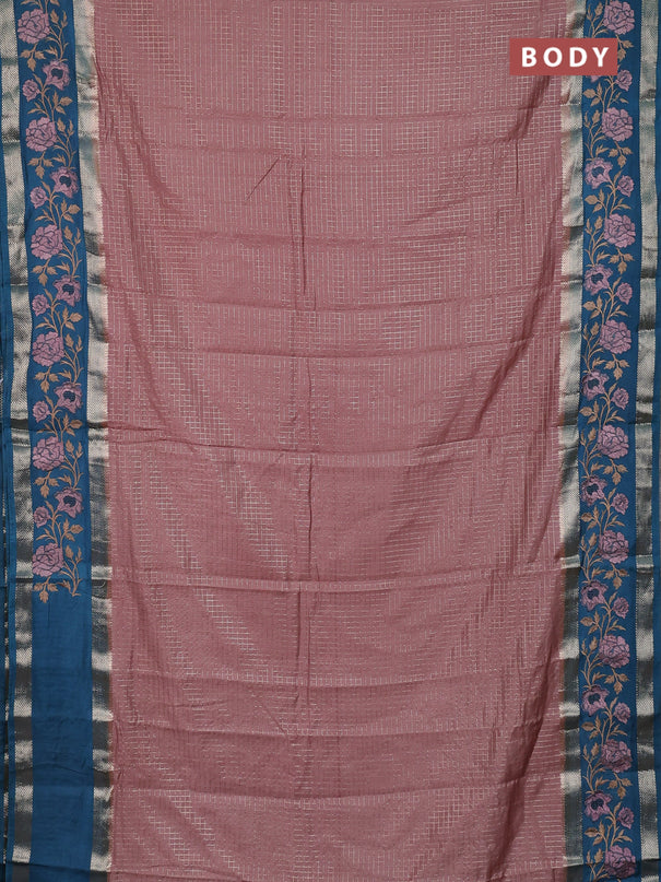 Semi chanderi saree pastel peach and peacock green with allover zari woven checked pattern and embroidery zari border