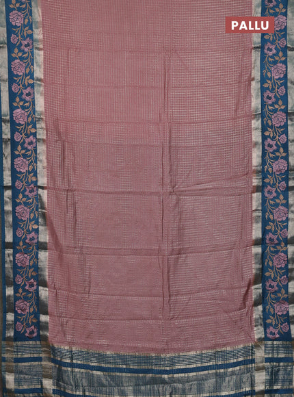 Semi chanderi saree pastel peach and peacock green with allover zari woven checked pattern and embroidery zari border
