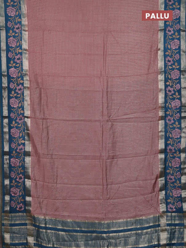 Semi chanderi saree pastel peach and peacock green with allover zari woven checked pattern and embroidery zari border