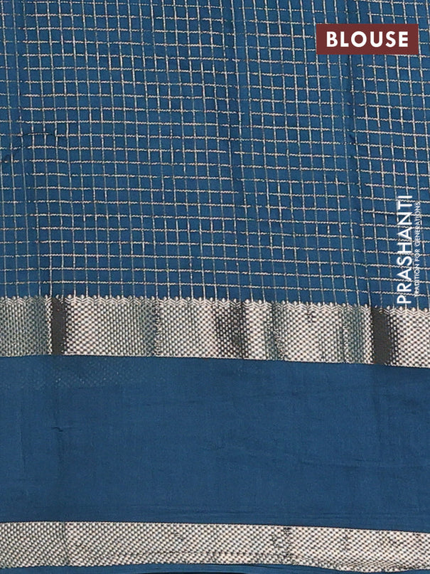 Semi chanderi saree pastel peach and peacock green with allover zari woven checked pattern and embroidery zari border