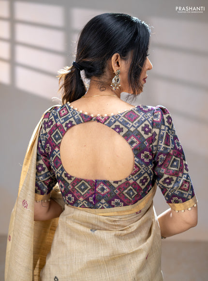 Linen cotton saree beige and purple blue with thread woven buttas and patola weaving pallu