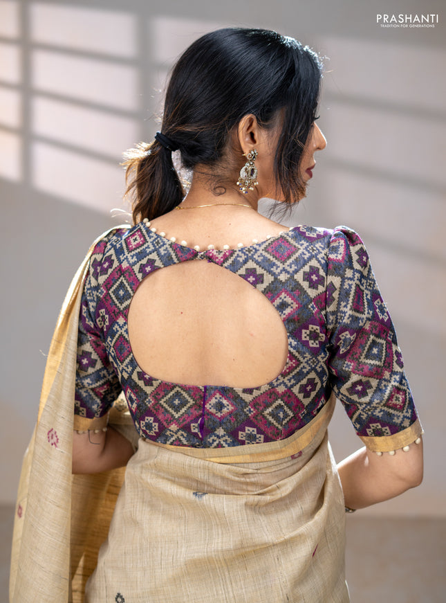 Linen cotton saree beige and purple blue with thread woven buttas and patola weaving pallu