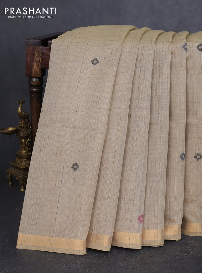 Linen cotton saree beige and purple blue with thread woven buttas and patola weaving pallu