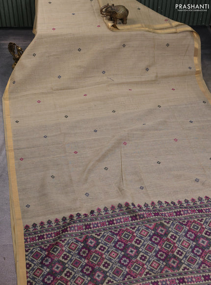 Linen cotton saree beige and purple blue with thread woven buttas and patola weaving pallu