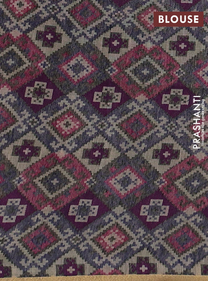 Linen cotton saree beige and purple blue with thread woven buttas and patola weaving pallu