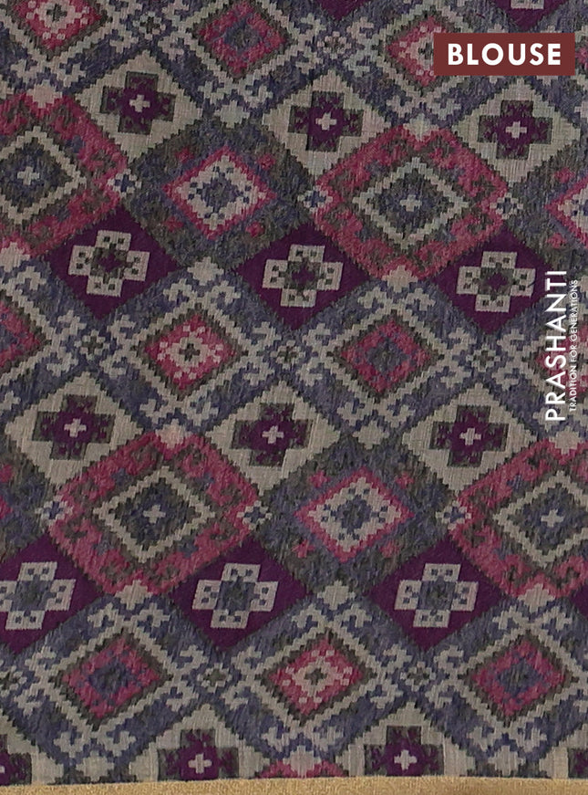 Linen cotton saree beige and purple blue with thread woven buttas and patola weaving pallu