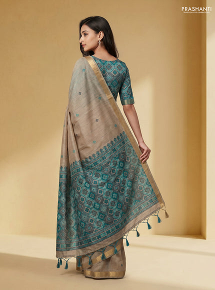 Linen cotton saree beige and teal green with thread woven buttas and patola weaving pallu