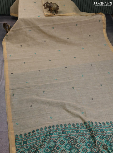 Linen cotton saree beige and teal green with thread woven buttas and patola weaving pallu