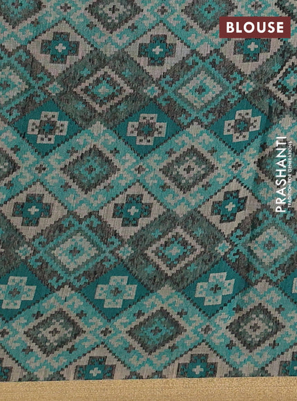 Linen cotton saree beige and teal green with thread woven buttas and patola weaving pallu