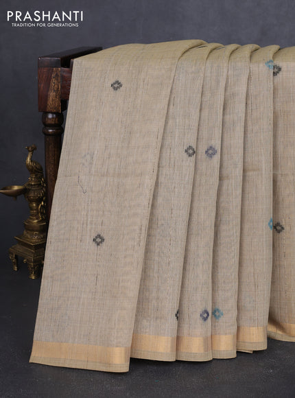 Linen cotton saree beige and light blue with thread woven buttas and patola weaving pallu