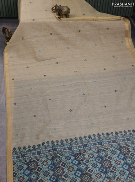 Linen cotton saree beige and light blue with thread woven buttas and patola weaving pallu