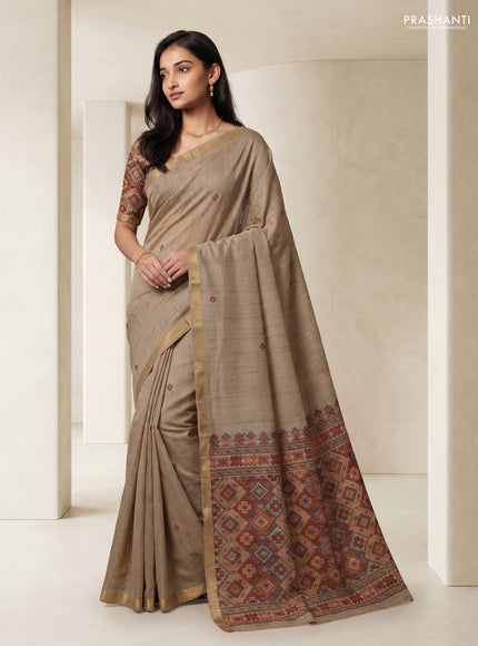 Linen cotton saree beige and orange with thread woven buttas and patola weaving pallu