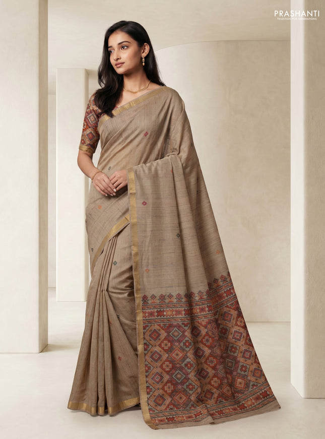 Linen cotton saree beige and orange with thread woven buttas and patola weaving pallu