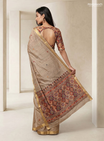 Linen cotton saree beige and orange with thread woven buttas and patola weaving pallu