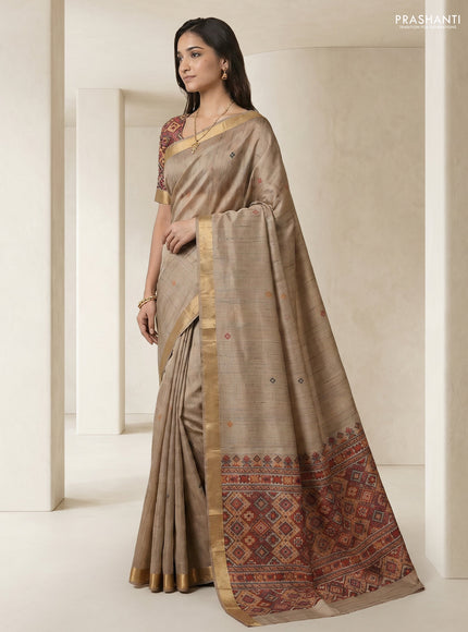 Linen cotton saree beige and orange with thread woven buttas and patola weaving pallu