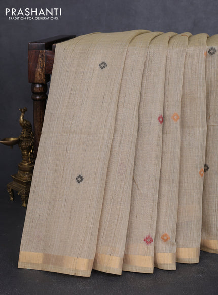 Linen cotton saree beige and orange with thread woven buttas and patola weaving pallu