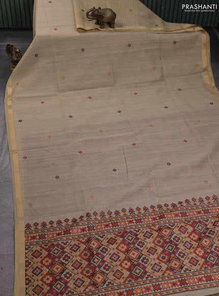 Linen cotton saree beige and orange with thread woven buttas and patola weaving pallu