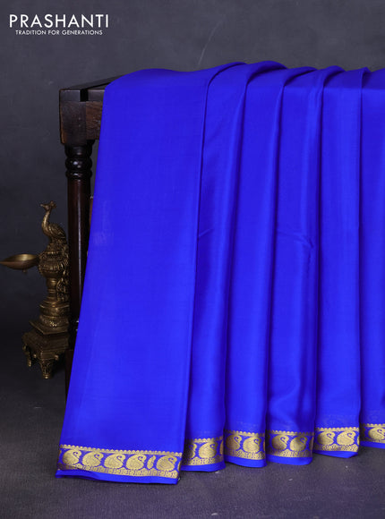 Pure mysore silk saree royal blue with plain body and paisley zari woven border