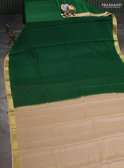 Pure mysore silk saree green and cream with plain body and zari woven border