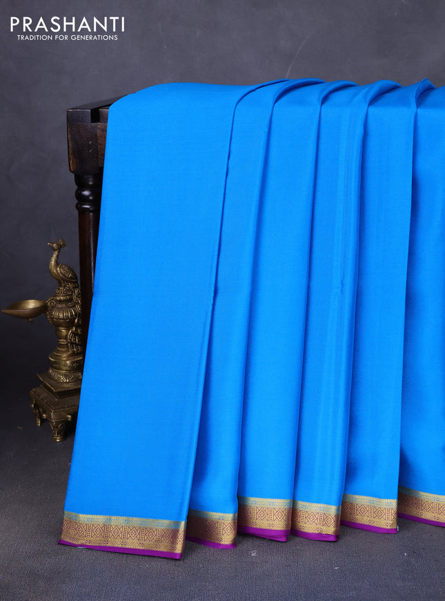 Pure mysore silk saree cs blue and purple with plain body and zari woven border