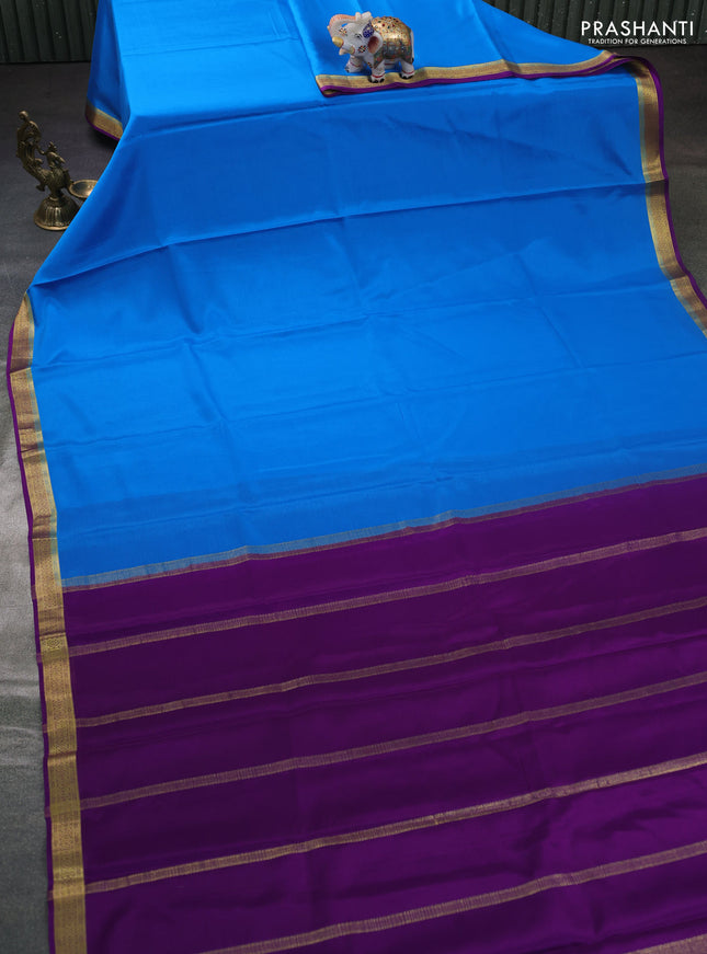 Pure mysore silk saree cs blue and purple with plain body and zari woven border