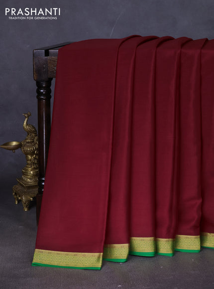 Pure mysore silk saree deep maroon and green with plain body and zari woven border