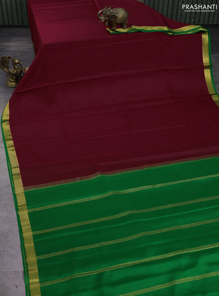 Pure mysore silk saree deep maroon and green with plain body and zari woven border