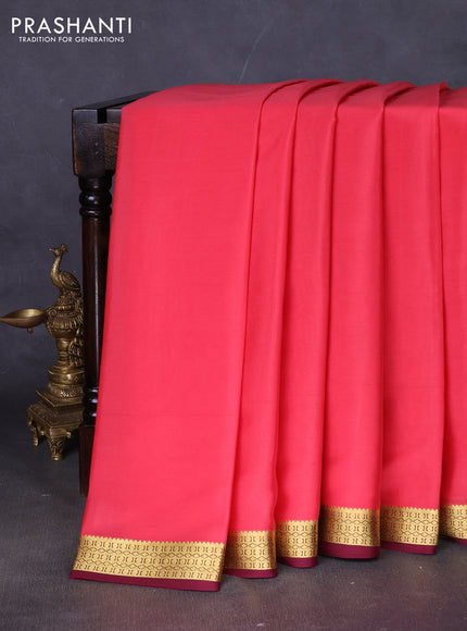Pure mysore silk saree peach pink and wine shade with plain body and zari woven border