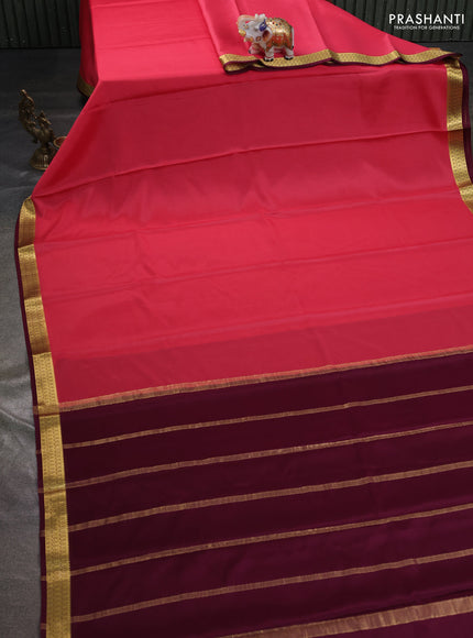 Pure mysore silk saree peach pink and wine shade with plain body and zari woven border
