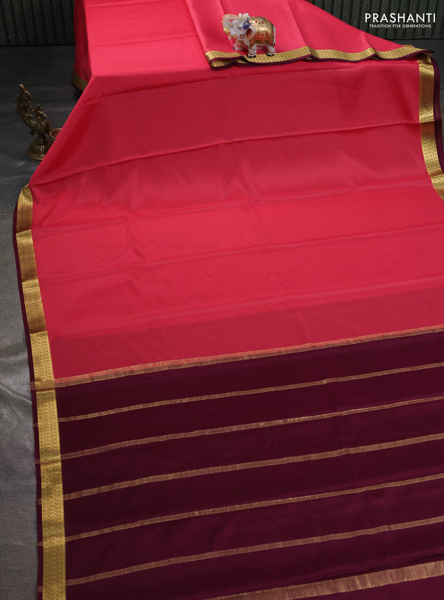 Pure mysore silk saree peach pink and wine shade with plain body and zari woven border