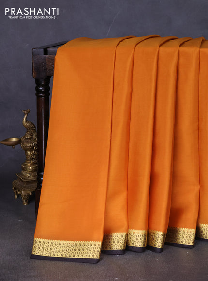 Pure mysore silk saree mustard yellow and coffee brown with plain body and zari woven border